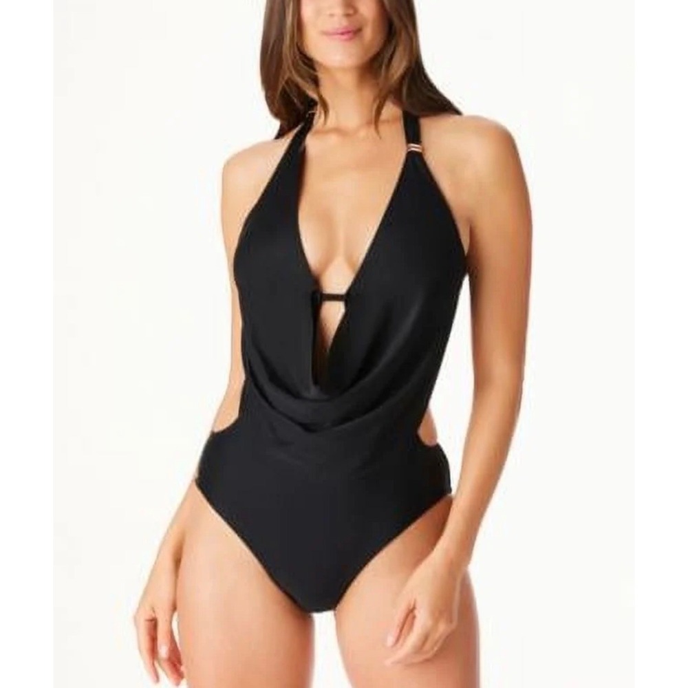 Bar III Womens Black Cowl Neck Halter One Piece Swimsuit Monokini Cutout Ruched